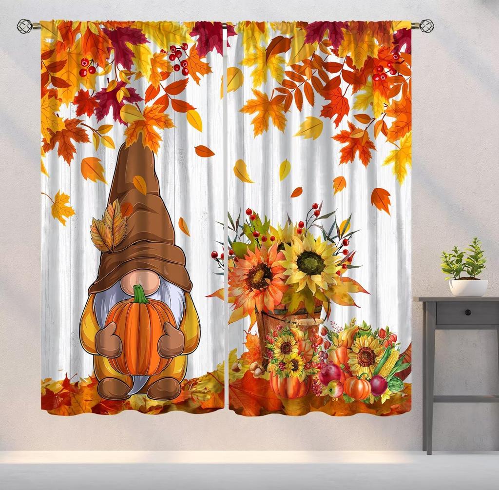 Fall Curtain Gnomes Autumn Thanksgiving Watercolor Maple Leaf Pumpkin Window Drapes Kitchen Living Room Treatments Curtains Polyester Great Treatment
