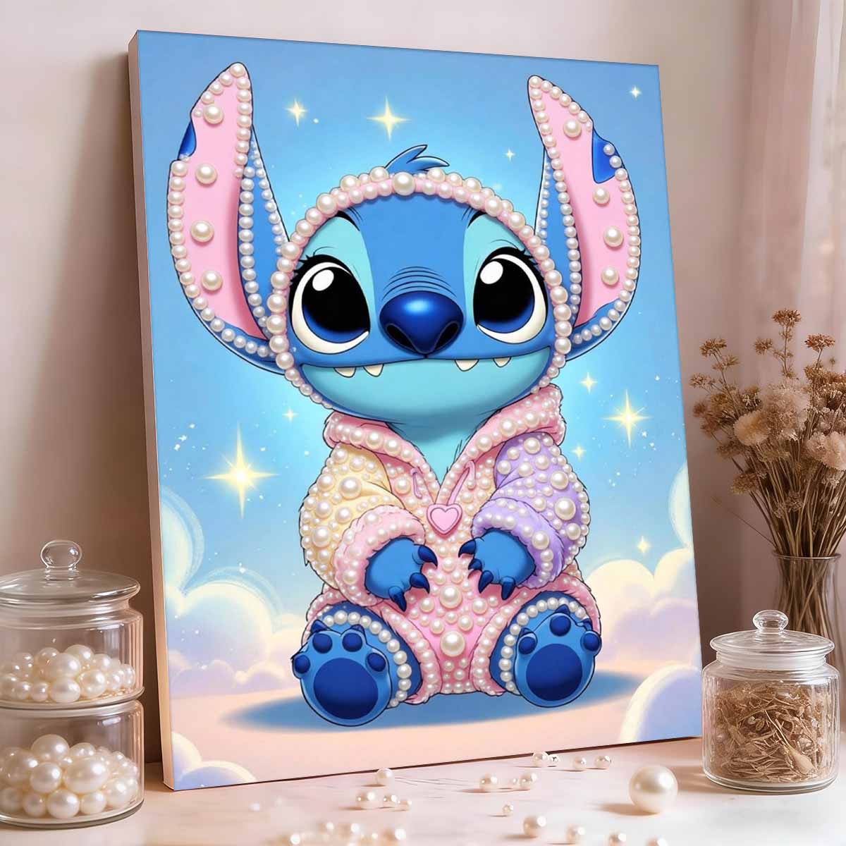 

Лило и Стич Q-версия Макаронные Пижамы Жемчужная Живопись Disney Жемчужные Украшенные Уши Облака Звездное Небо Безрамная Художественная Картина 35x45cm