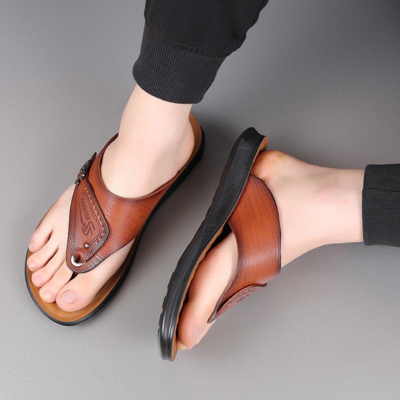 Fashion Summer Handmade Leather Slippers Trendy Fashion Men's Flip-flops Thick Soled Outdoor Breathable Comfortable Simple Men Slippers