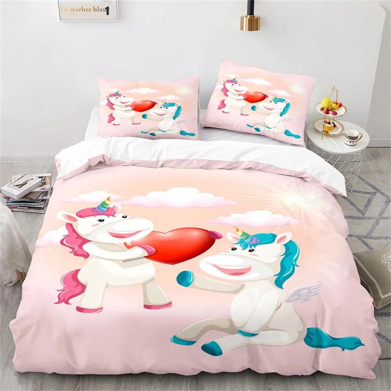 Unicorn Duvet Cover Pink Cartoon Unicorn Animals Romantic Theme Polyester ValentineS Day Gift For Children Girls Boy Room Decor
