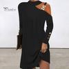 Versatile Solid Color Dress Women Chain Decor One Shoulder Long Sleeve Loose Halter Neck Soft Breathable Above Knee Length Mini Stylish Polyester