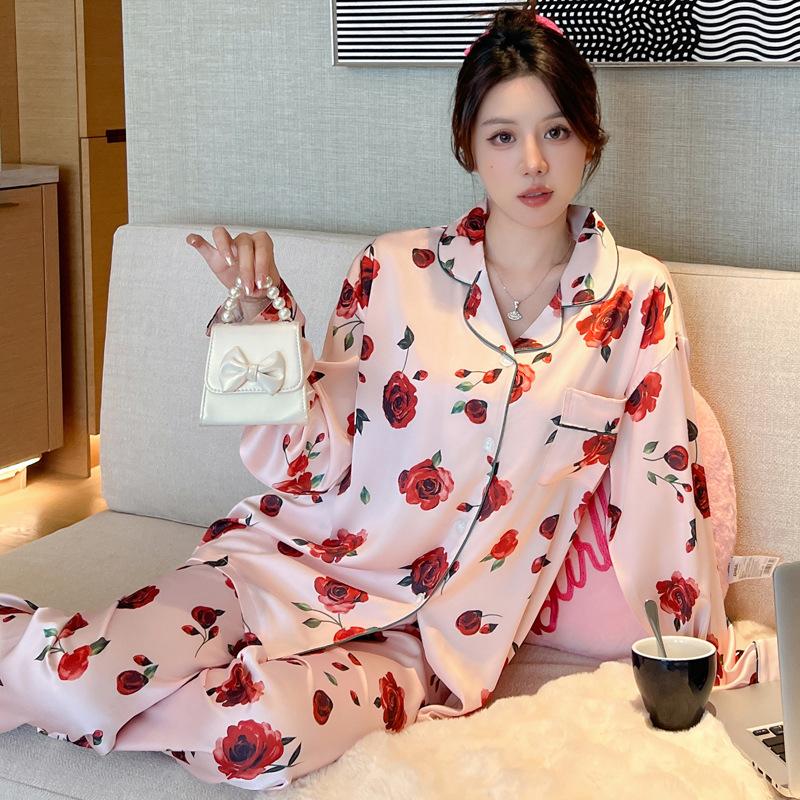Autumn Ice Silk Pajamas Women'S Suit Light Luxury High-End Long-Sleeved Trousers Loungewear Can Be Worn Outside