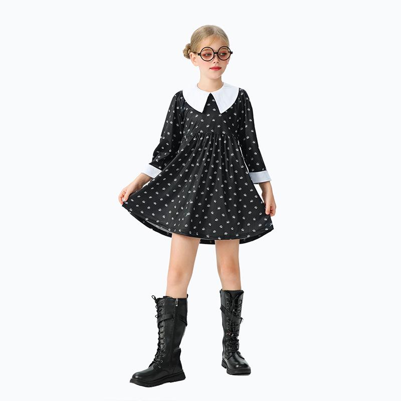 Halloween Children's Costume Adams Family Costume Wednesday Black Long Sleeve Dress Girls Party