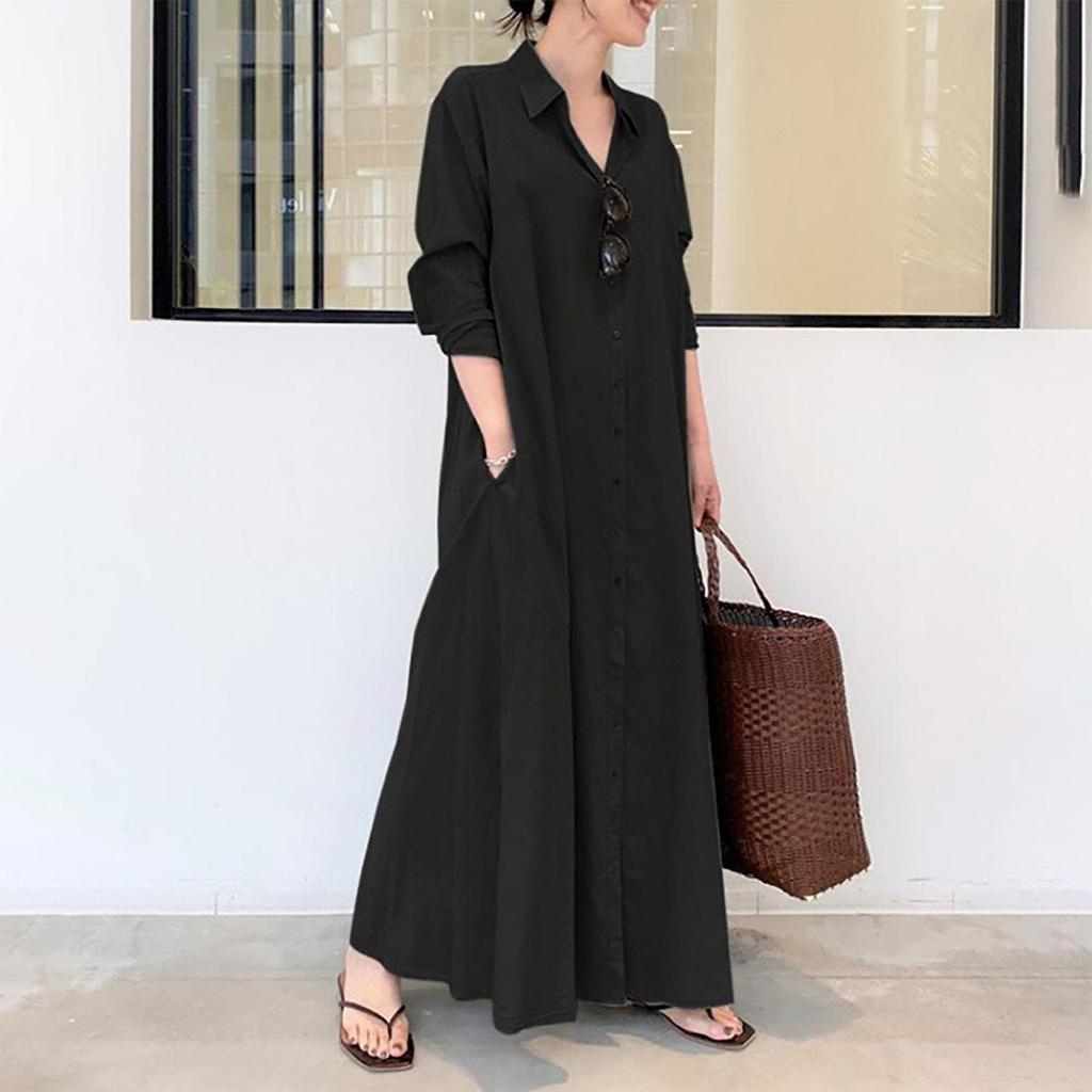 Europe and The United States Casual Loose Women's Solid Color Lapel Long-sleeved Pockets Simple Long Dresses Plus Size