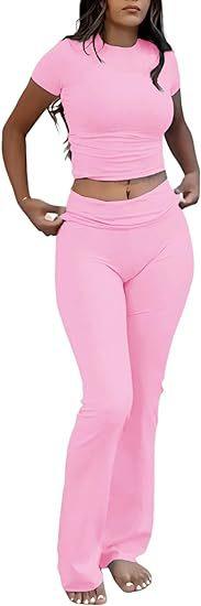 Women's Two Piece Workout Set Crewneck T-Shirt Low Waist Flare Pants Tracksuit