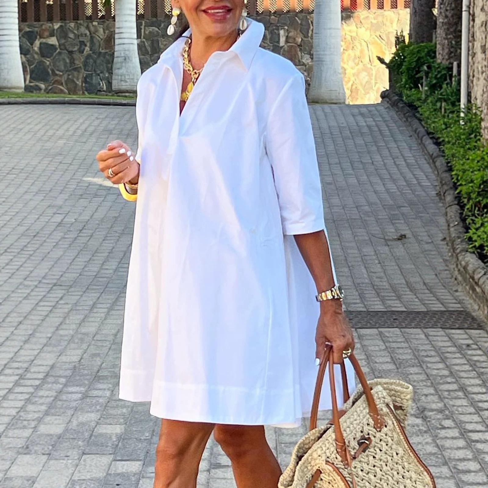 Modigirl Women s Cotton White Dresses Summer Half Sleeves Loose Going Out Office Lapel Casual Midi Srtirt Birthday Dress XS белый