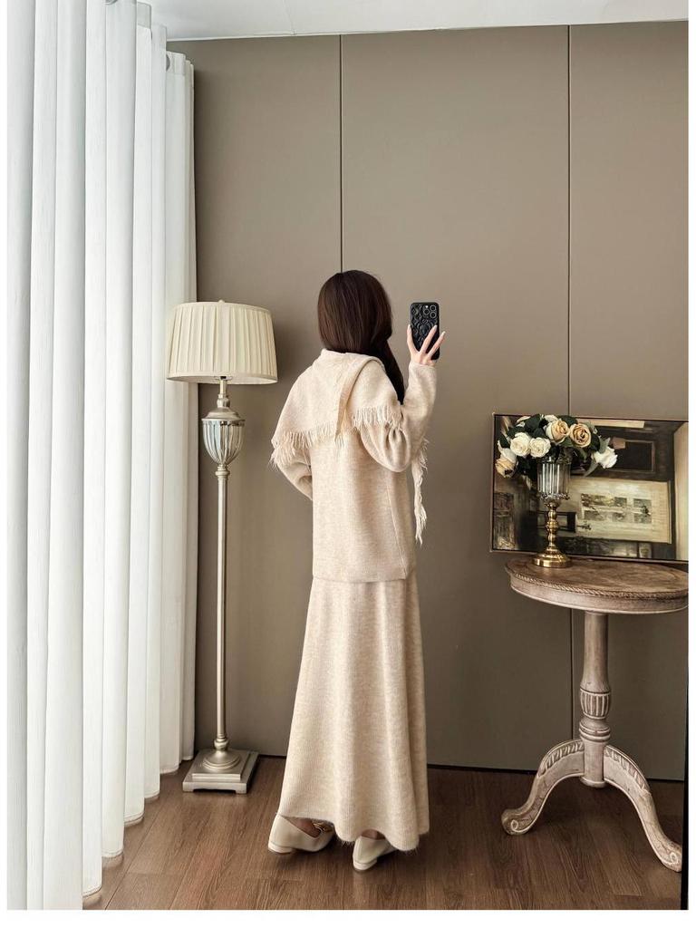 Women's Autumn/Winter High-End Knit Set: Tassel Shawl, Sweater & Skirt.