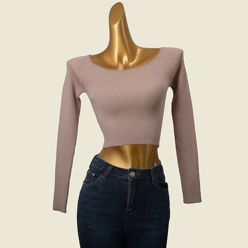 Off-the-Shoulder Sweater Fashion Wind Thread High Elastic Sunken Stripe Early Autumn Inner Bottoming Shirt Silm High Waist Show Belly Tops