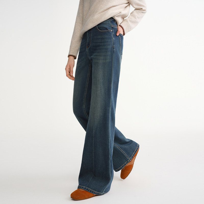 Dusou Women s Clothing [Flared Supermodel Pants] Vintage Flared Jeans 2025 Winter New High-Waisted Slimming Pants Vintage Denim Blue 5 pieces