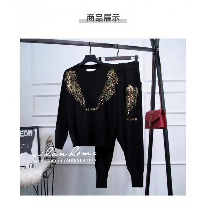 Womens Sequin Knit Sweater Slim Pants Set Loose Long Sleeve Top 2PCS Outfit