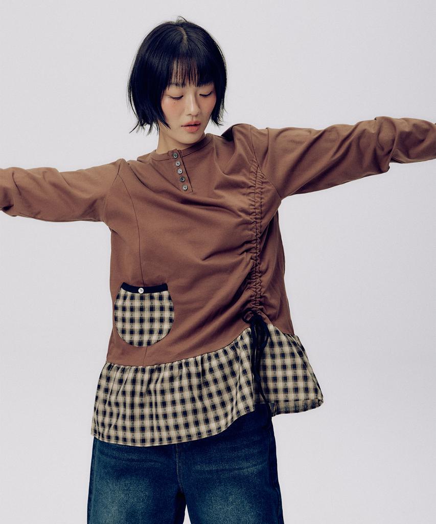SOME PLACE Side Shirred Check Contrast Frill Button Layered Long Sleeve T-Shirt [Brown]