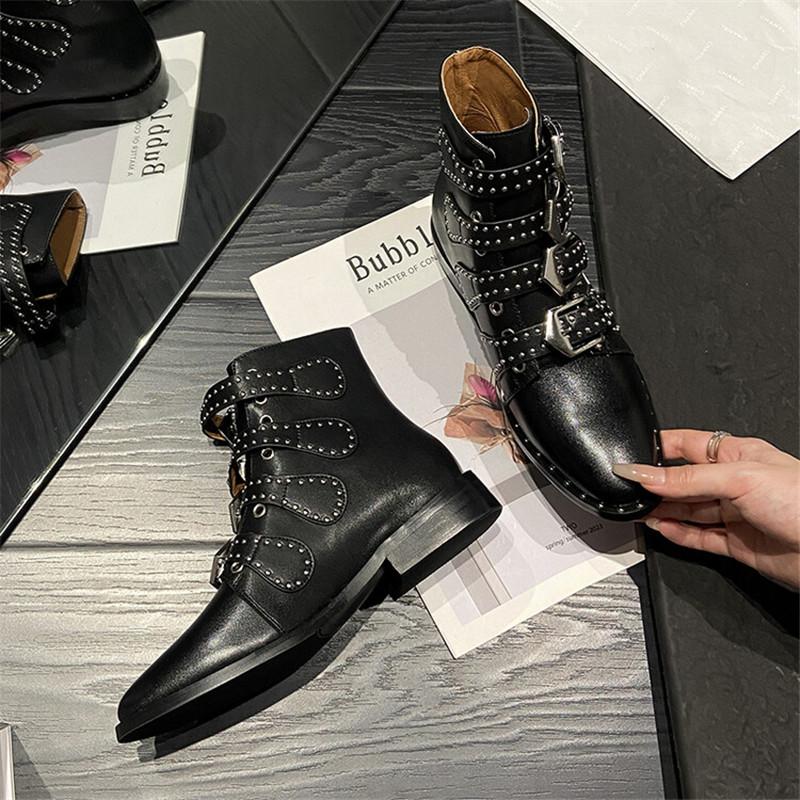 Fashion New Autumn Winter Women Boots Cow Leather Ankle Boot Fashion Rivet Belt Buckle Boots for Women Round Toe Low Heel Western Boots