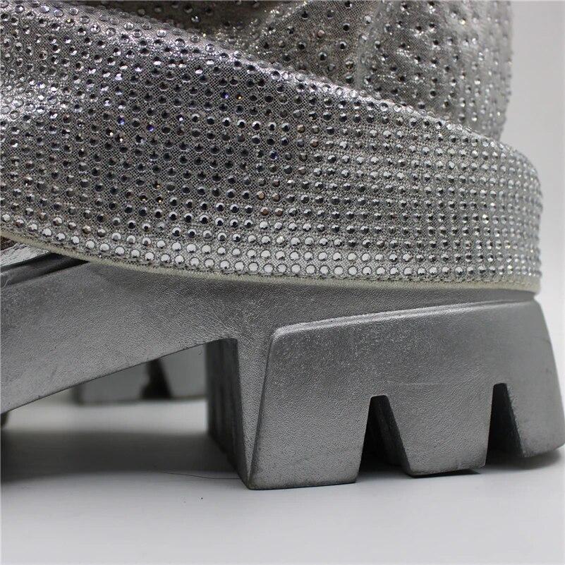 FOREADA Women Ankle Short Boots Round Toe Platform Thick High Heels Crystal Pleated Metallic Boots Lady Fashion Shoes Winter 44