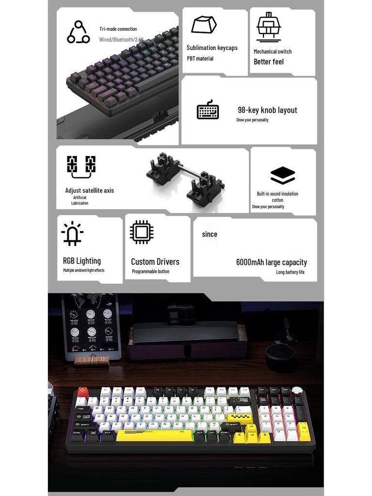 98-Key Wireless Bluetooth Three-Mode Mechanical Keyboard - Gaming, Esports, Office, PBT Transparent DIY Customization
