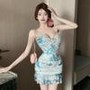 Floral Mesh Low-Cut Strappy Mini Dress with Ruffle Waist-Cinched Slim Fit