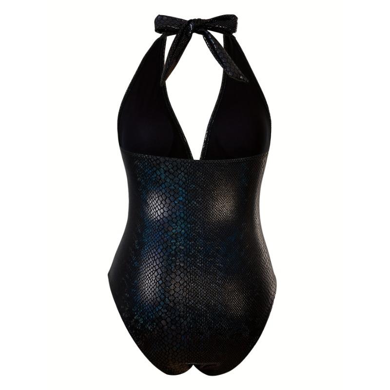 Costume da bagno intero con scollo all'americana, scollo a V profondo, stampa serpente, metallico, controllo pancia, sgambato
