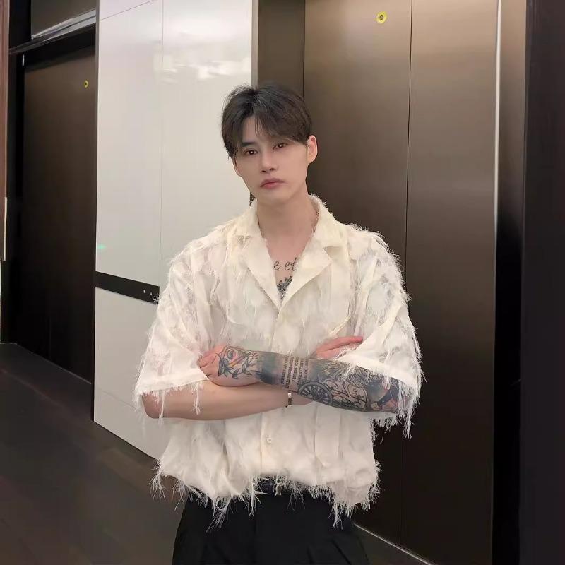 Men's Frayed Textured Short Sleeve Shirt Casual Chinese Style Clip Detail Streetwear Top