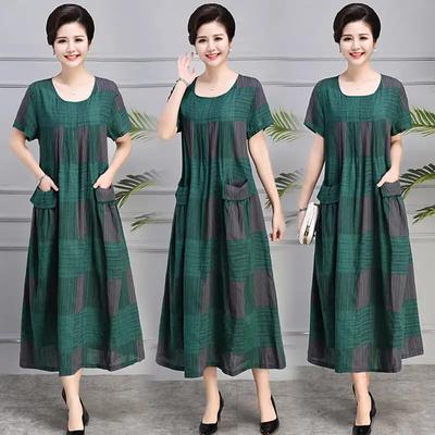 Summer Comfortable Cotton and Linen Dress Women's Plus Size Loose Mom Outfit Retro Casual Long Skirt