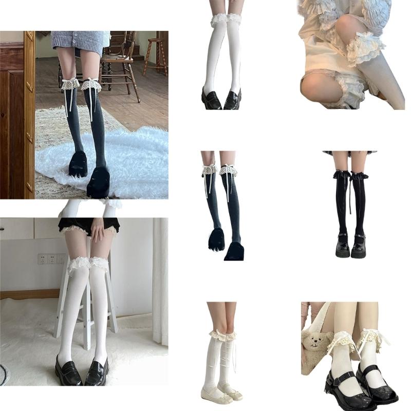Bas Hauts Style Ballet Doux pour Femmes Bas Hauts Bandes Nœuds Bas Mi-Mollet Chaussettes d'Été Fines Hosierys