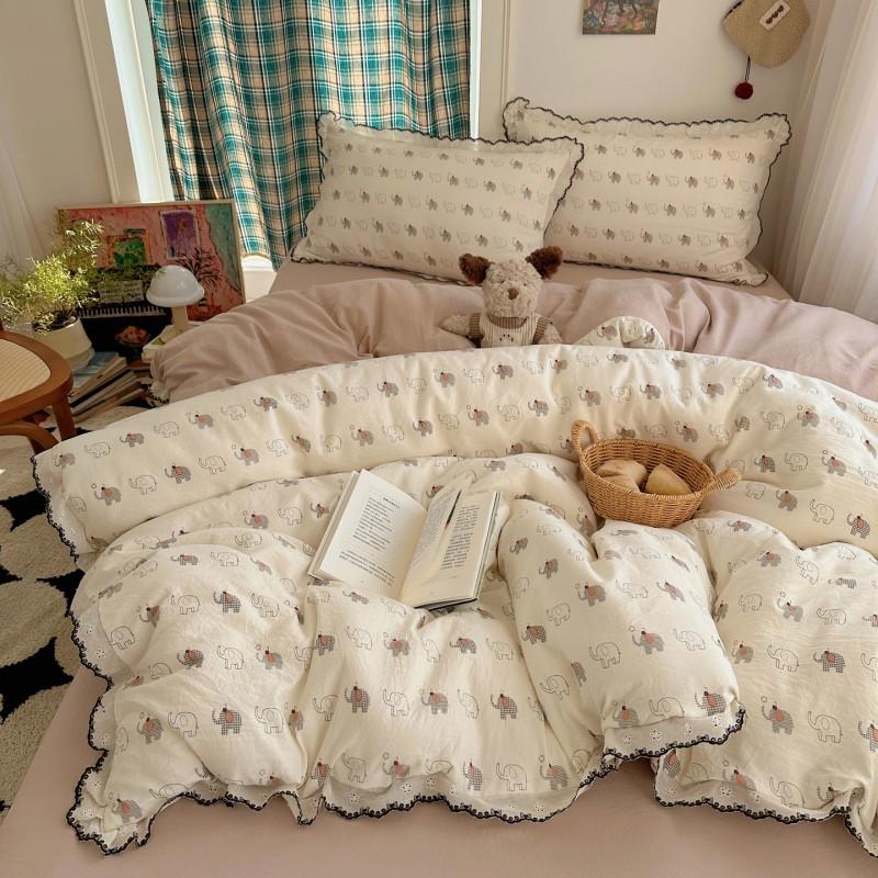 Soft Cotton Bedding Set With Lace Trim Floral Print French Style Queen King Twin Size 4 Piece
