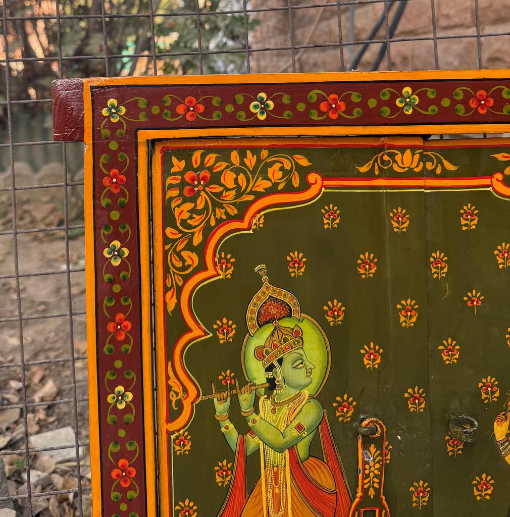 Retro Antique Wooden Window Panel Hand Painted Indian Religious Radha Krishna Frame