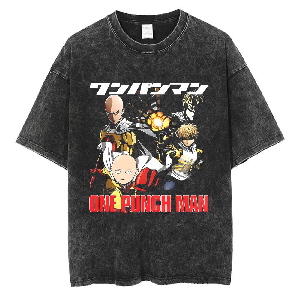 Gewaschenes Vintage Anime One Punch Man Saitama Saitamas Fitnessstudio Lustiges Meme Grafik T-Shirt Herren Damen Fitness Freizeit Übergroße T-Shirts