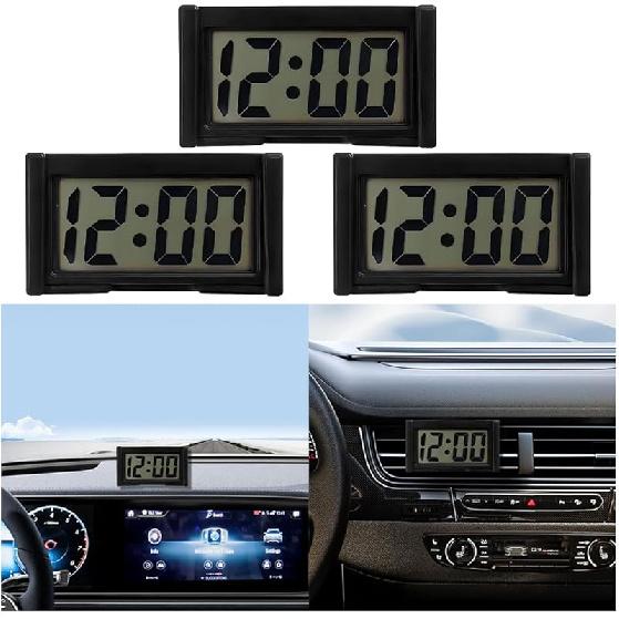 3PCS Mini Car Dashboard Digital Clocks, Small Self-Adhesive Bracket Vehicle Air Vent Electronic Watch with Clear LCD Screen Time & Day Display,