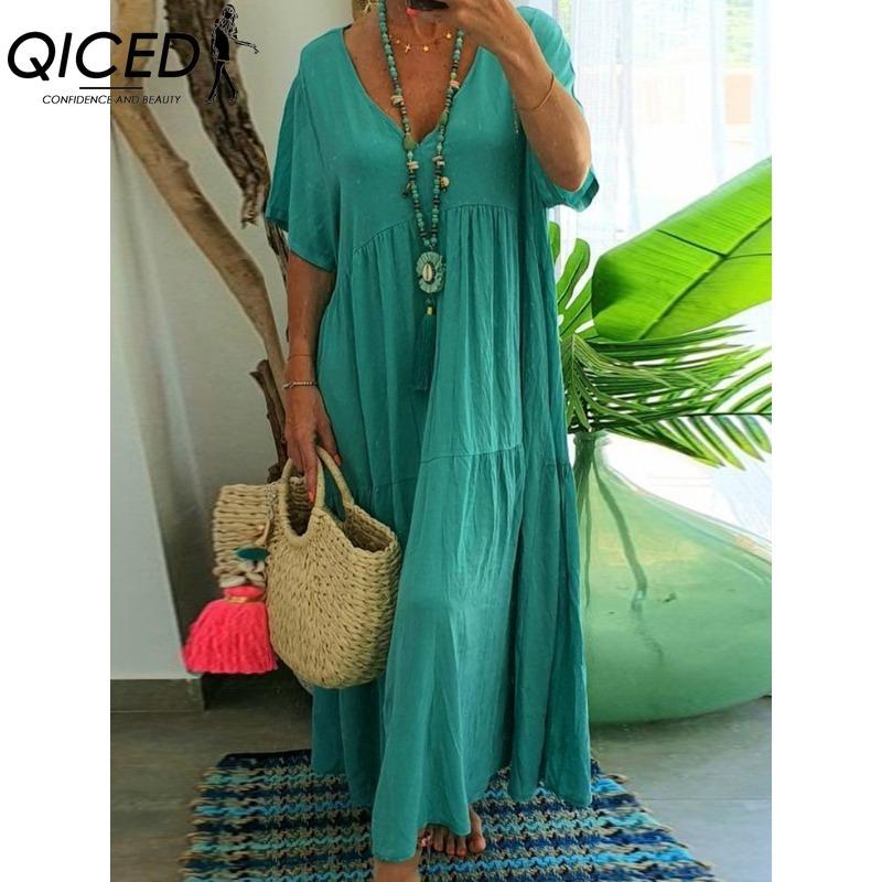 

QICED женские модные летние весенние однотонные повседневные платья с коротким рукавом и v-образным вырезом и высокой талией XXXXXL зелёный