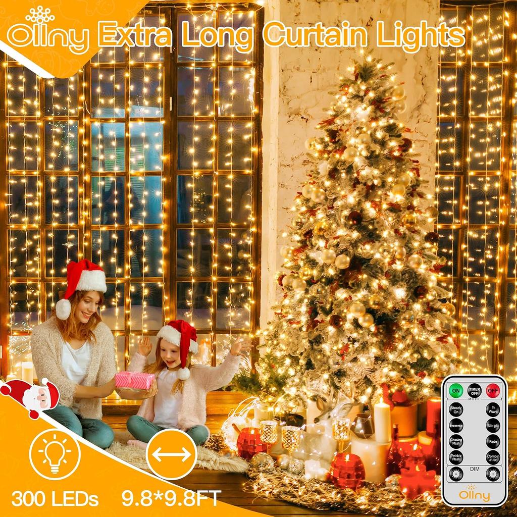 Ollny Christmas Curtain Lights 300 LED 9.8 FTx9.8 FT, Outdoor Waterproof Curtain String Lights with Remote Timer 8 Modes, USB Waterfall Window Lights