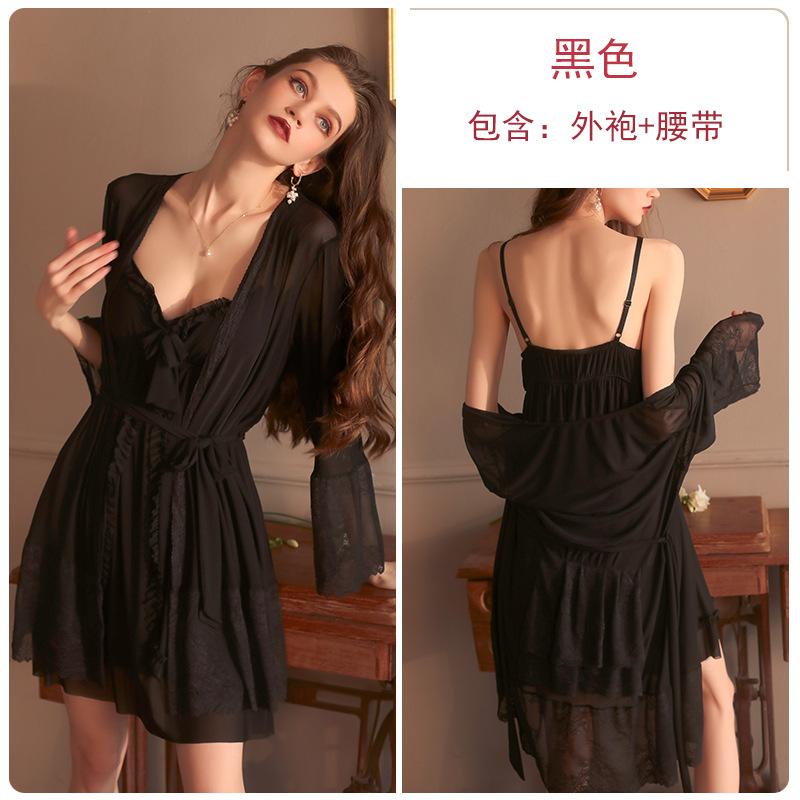 

Sexy solid color deep v sweet gathering chest pad suspender skirt nightgown lace-up bathrobe loungewear set One size fits all