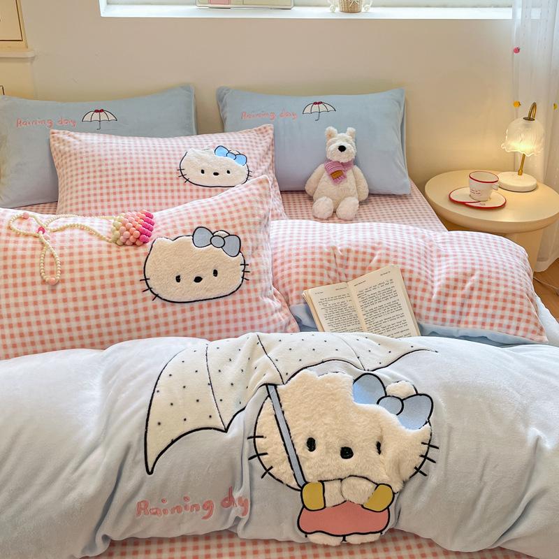 Korean Cartoon Applique Velvet Bedding Set - 4-Piece Warm Dorm Decor for Fall & Winter
