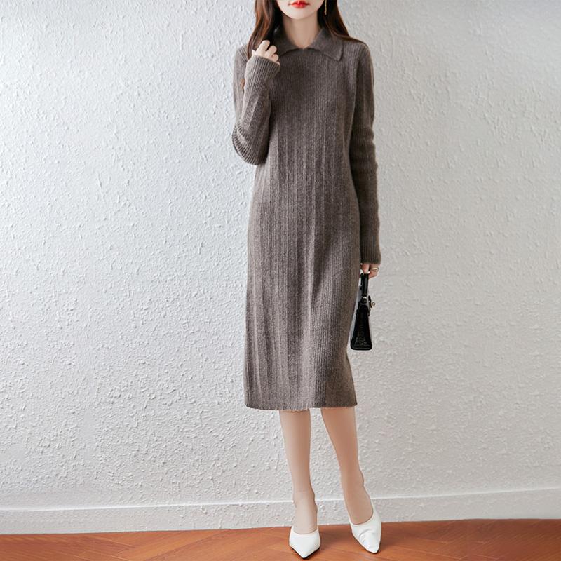 Women Sweater Dress 100% Wool MODERN NEW SAGA Turn-down Collar Knit Long Pullover Winter Jumpers Wool Long Dress Female