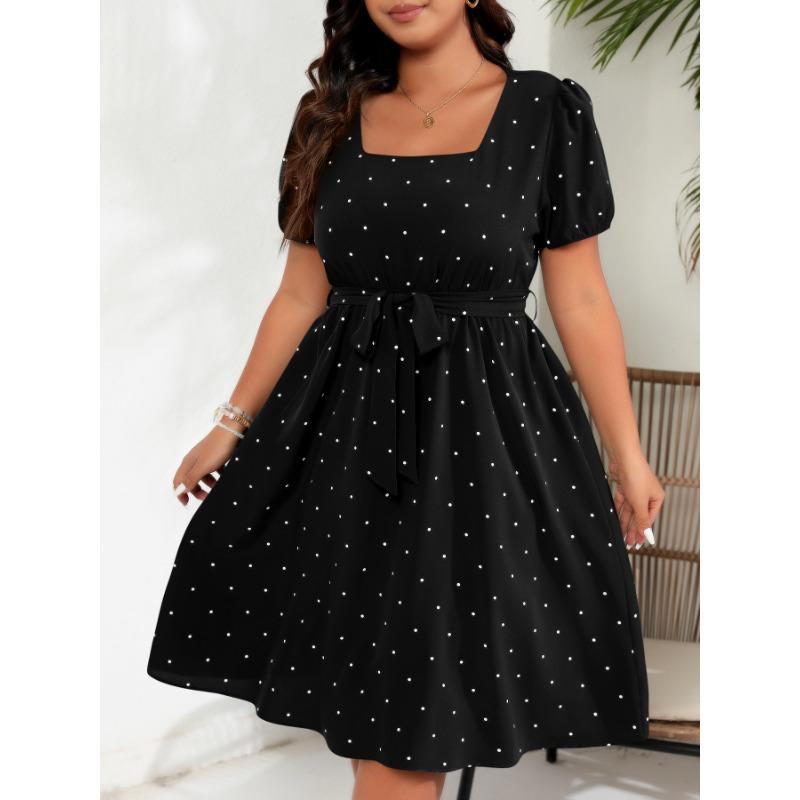 Plus Size Women's Elegant Vintage Polka Dot Waist Tie Square Neck Hem Dresses