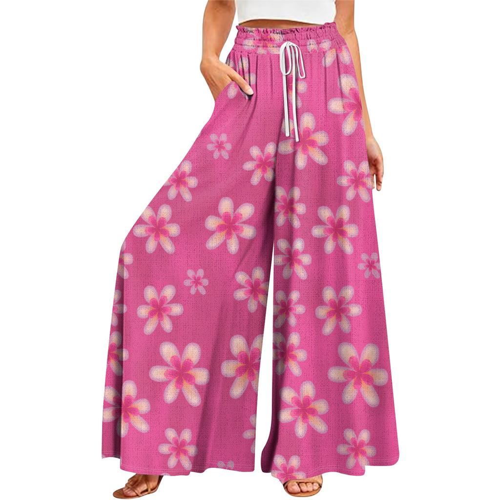 Pantaloni largi de vară pentru femei, cu talie înaltă, buzunare fluide, ocazional, ocazional, pantaloni de plajă imprimați boemi