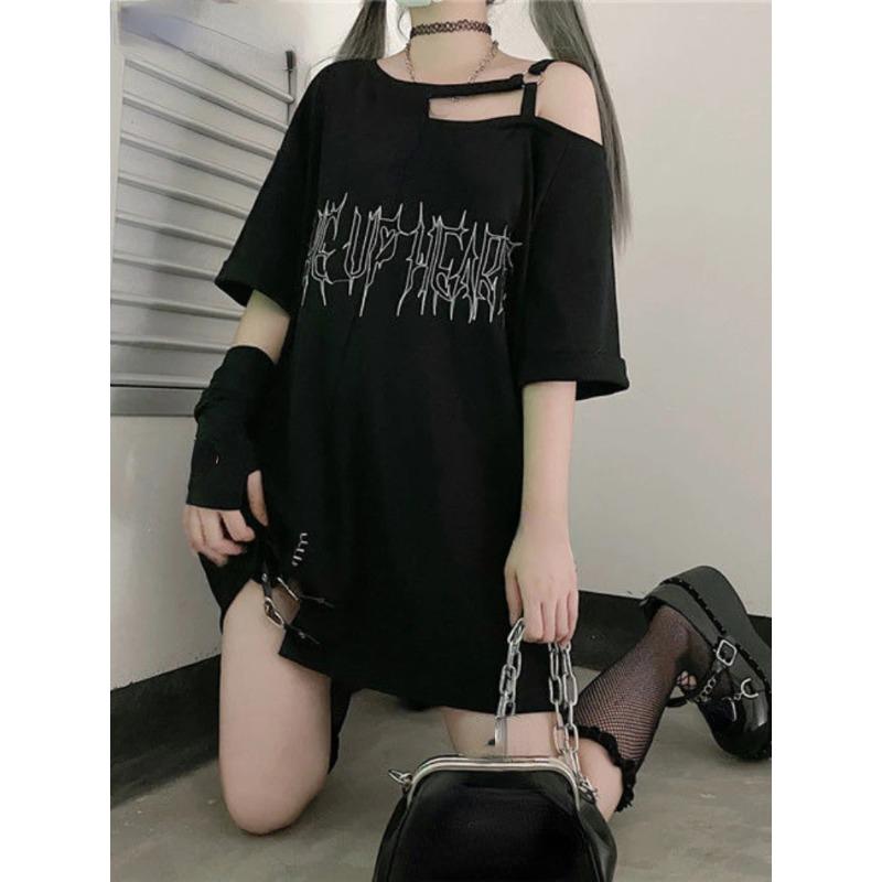 Y2k Girl Letter Print Off Shoulder Punk T-shirts Women Casual Street Black Gothic T Shirt Harajuku Streetwear Aesthetic