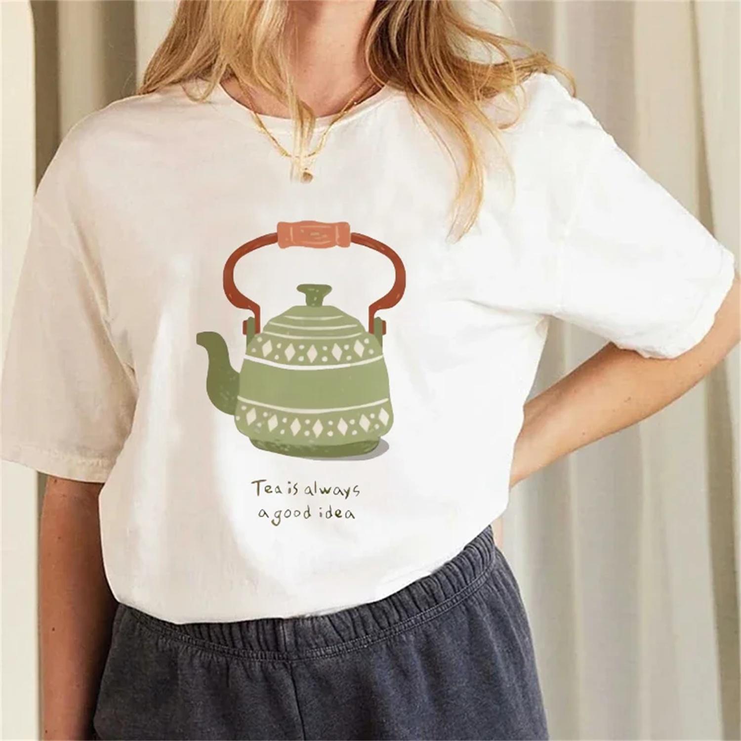 

2025 T-Shirt Fun 90s Cute Teapot Printed Women s Summer Top Casual Cartoon Printed Pattern Women s Basic Style New Popular T-Shi XXXXXL білий