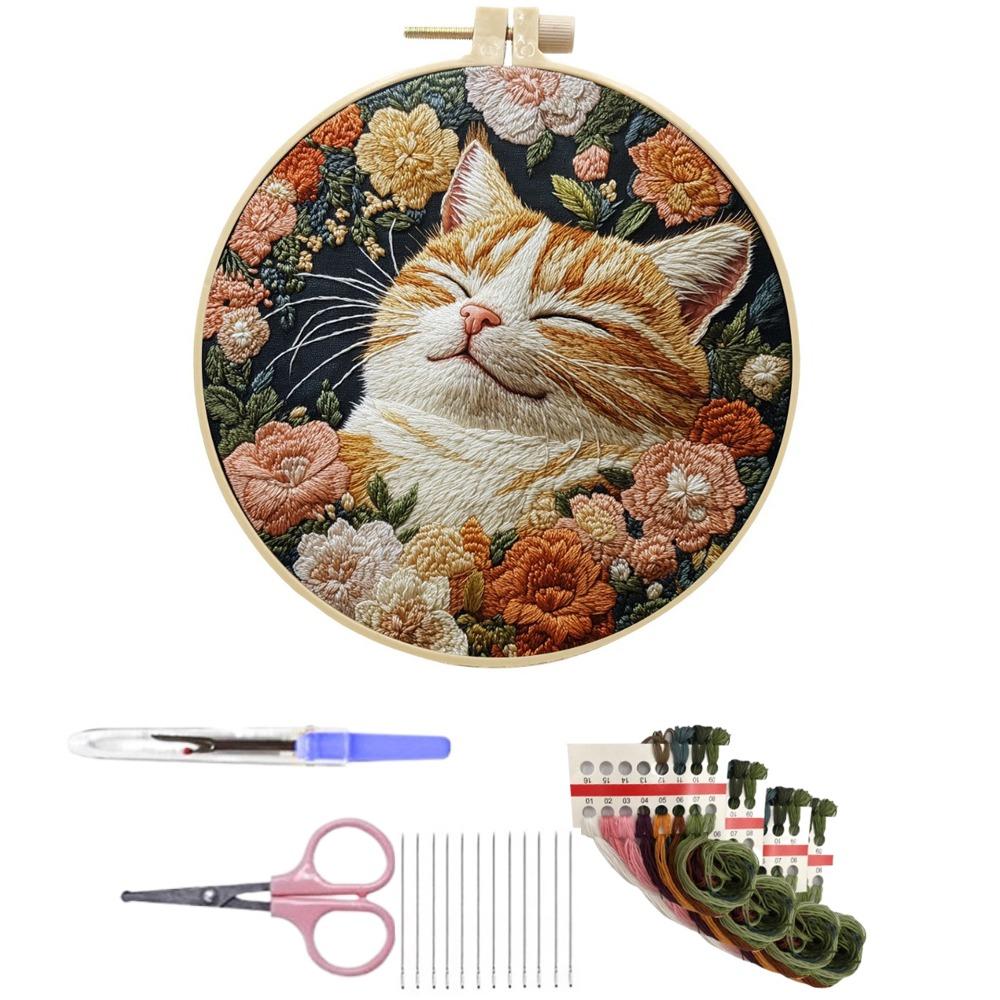 1 Set Cat Embroidery Kit Embroidery Frame with Patterns Fabric Material Package Scissors Seam Remover DIY Craft Kits Decoration