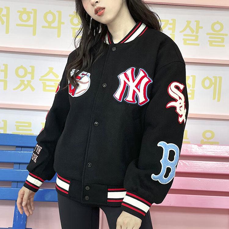 MLB Basic Series FW22 Sports Loose Logo Print Striped Color Block Single-Breasted Baseball Jacket Unisex jackets Black 3AJPN0124-00BKS