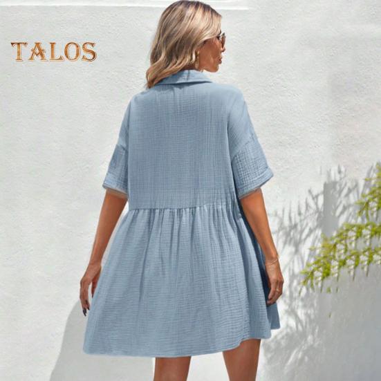 Women's Short Sleeve Shirt Dress Lapel V Neck Button Down Swing Dress Summer Casual Flowy Beach Sundress