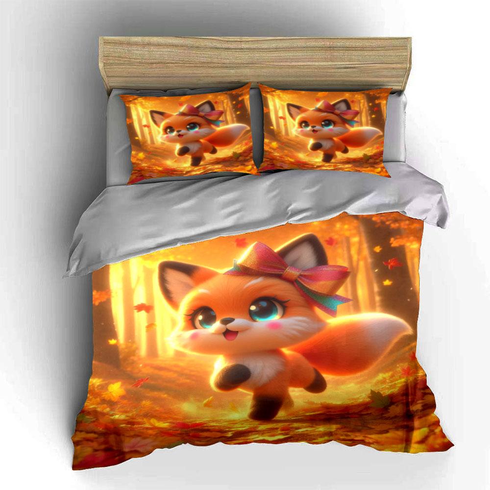 Playful Fox In Autumn Forest Duvet Cover Set With 3D Printing Design Soft Polyester Bedding Set All-Season Comfort For Gifts