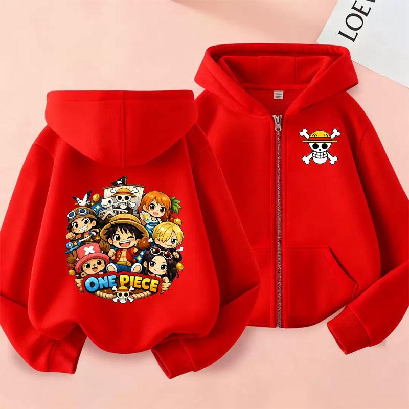 Cartoon Printed Clothing, One Piece Anime Hooded and Zippered Sweater, Long Sleeve Luffy Hooded Sweater for Kids