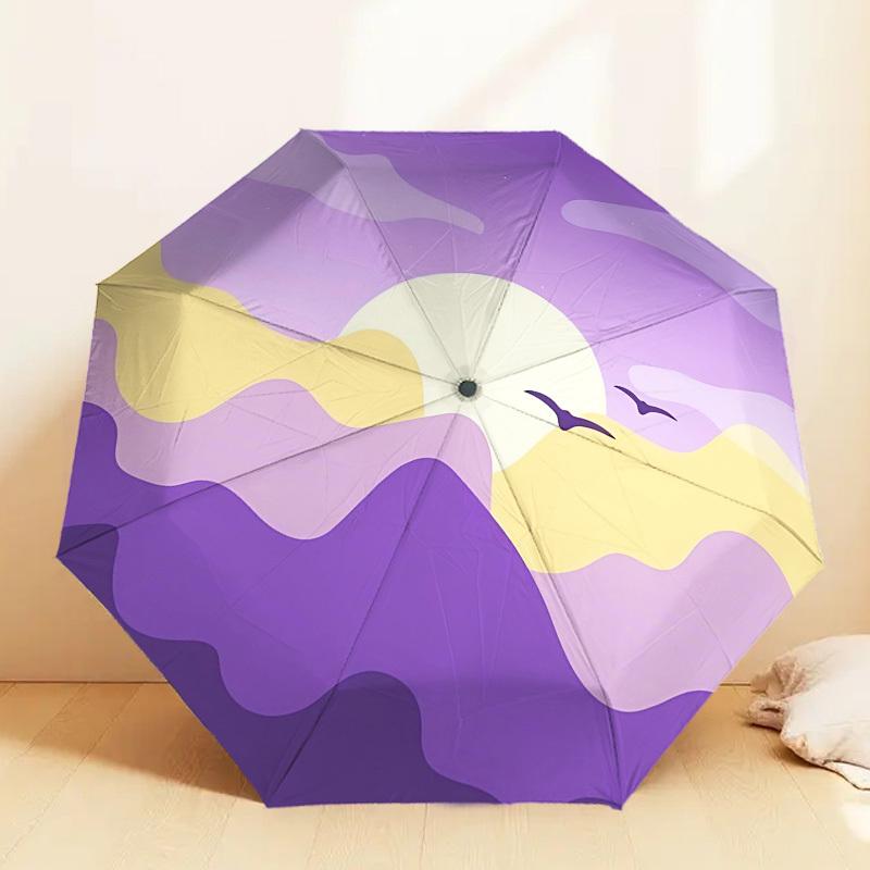 1pc Sunset Mountains Automatic Folding Umbrella 8 Rib Iron Frame,  Suitable for Travel, Daily Use, Birthday, Women & Men Gift C1231050