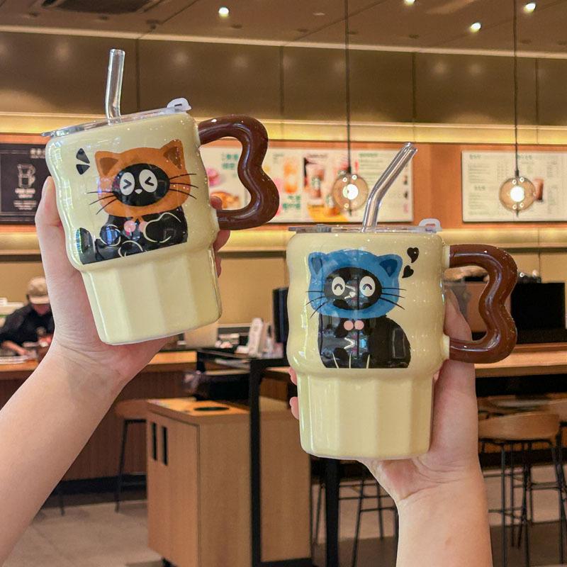High-value Cute Cat Cup, Girl Straw Drinking Cup, Couple Ceramic Mug, Birthday Gift Gift Box.