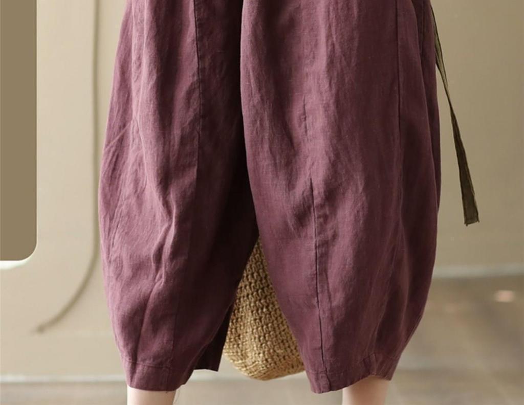 Damen Haremshose aus Baumwolle und Leinen mit elastischem Bund - Retro Patchwork, Lockerer Schnitt, Fließender Laternenstil für den Sommer