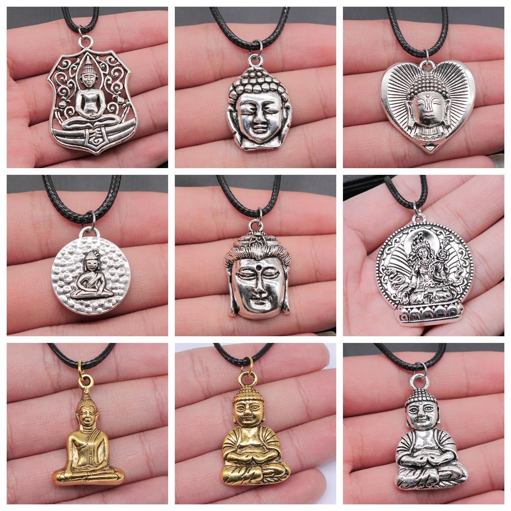 17 stilar Buddha-staty Hänge Halsband Svart Läderkedja Halsband Fabrikspris Handgjorda Smycken