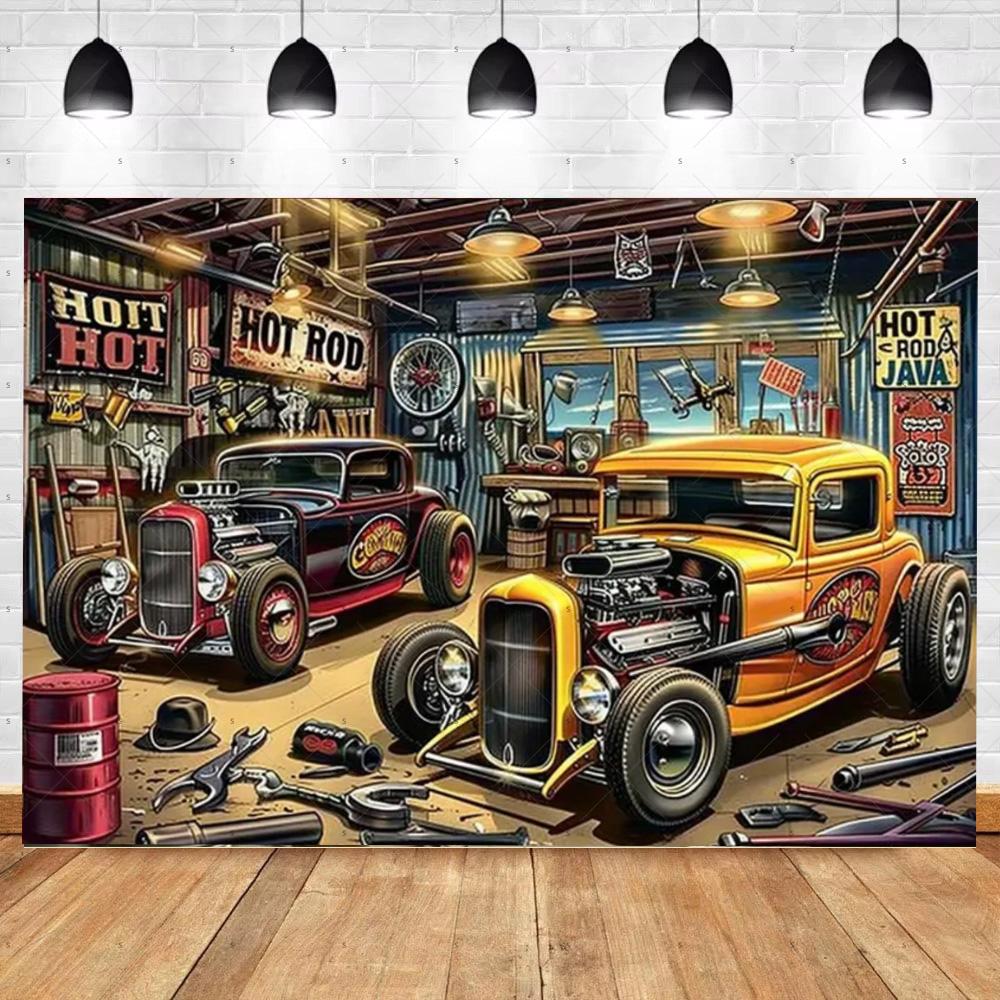 Bannière de Fond de Voiture Chaude Vintage Décoration de Fête Toile de Fond de Garage Classique Fournitures Style Industriel Pneu Outil Accessoire de Photographie
