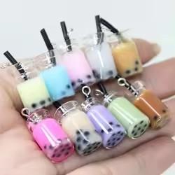 Cute Miniature 3D Bubble Tea Bottle Design Artificial Style Resin Glass Bottle Charms Earring Making Colorful Jewelry Souvenir