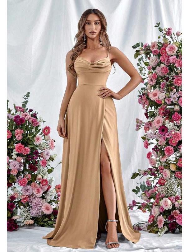 European Spring 2026 Strappy Off-Shoulder Sleeveless Slit Solid Color Elegant Women's Dress