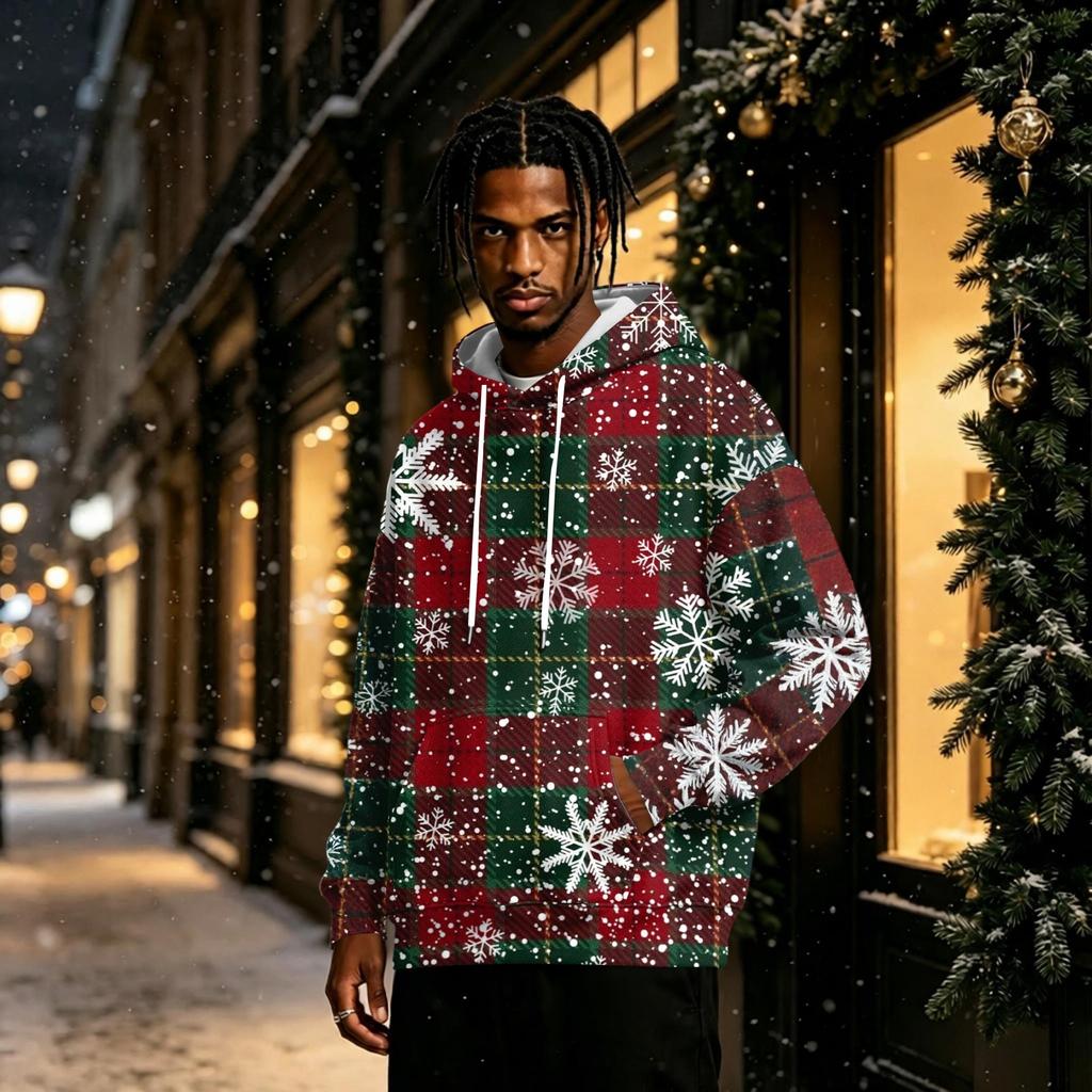 Men's Christmas Print Trendy -Lined Pullover Hoodie Long Sleeve Sweatshirt