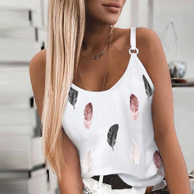 Neue Frauen Mode Sommer Casual Feder Drucken Spaghetti-trägern Ärmellose Tank Tops
